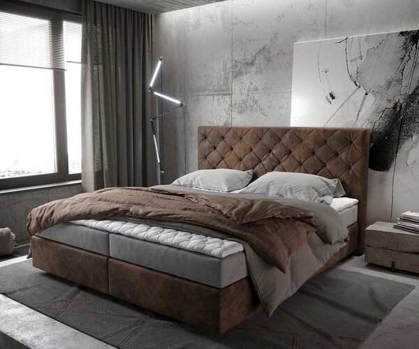 DELIFE Boxspring ágy Dream-Great 180x200 cm barna vintage matraccal és topperrel