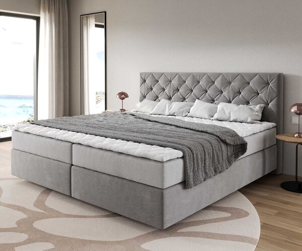 DELIFE Boxspring ágy Dream-Great mikroszálas szürke 200x200 cm zsákrugós matraccal és visco topperrel