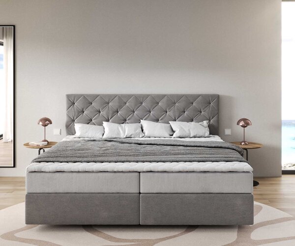 DELIFE Boxspring ágy Dream-Great mikroszálas szürke 200x200 cm zsákrugós matraccal és visco topperrel