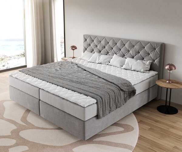 DELIFE Boxspring ágy Dream-Great mikroszálas szürke 200x200 cm zsákrugós matraccal és visco topperrel
