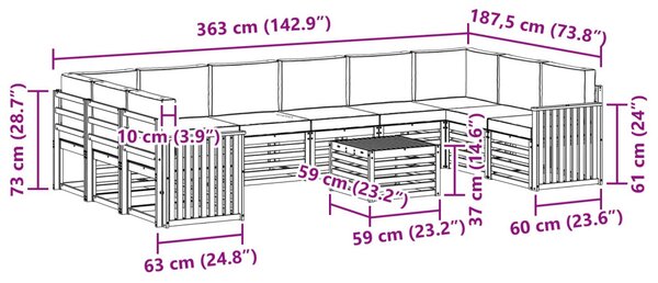 Kültéri kanapé szett 11 pcs Természetes és Világosszürke
