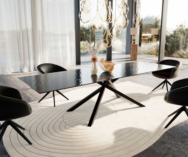 DELIFE Étkezőasztal Edge 300x100 domborított üveg füstfekete 3D design kereszt láb téglalap alakú fekete