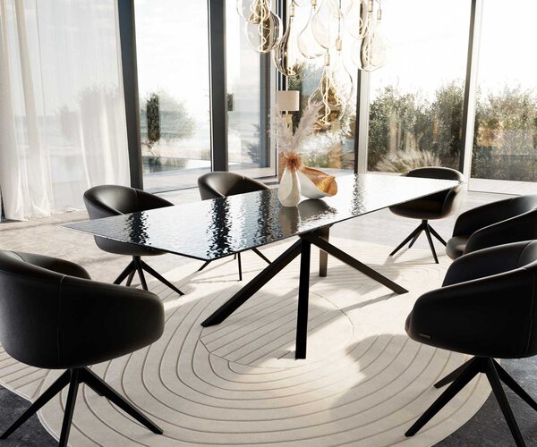 DELIFE Étkezőasztal Edge 300x100 domborított üveg füstfekete 3D design kereszt láb téglalap alakú fekete