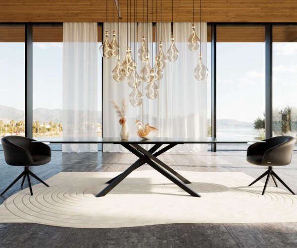 DELIFE Étkezőasztal Edge 300x100 domborított üveg füstfekete 3D design kereszt láb téglalap alakú fekete