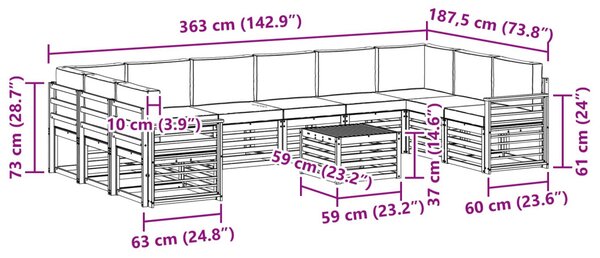 Kültéri kanapé szett 11 pcs Természetes és Világosszürke