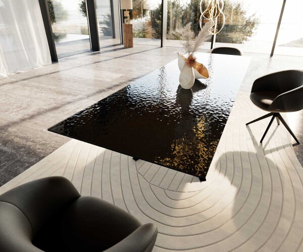 DELIFE Étkezőasztal Edge 300x100 domborított üveg füstfekete 3D design kereszt láb téglalap alakú fekete