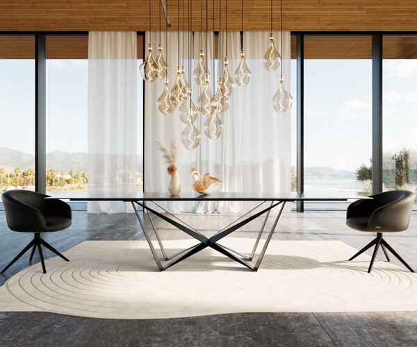 DELIFE Étkezőasztal Edge 300x100 domborított üveg füstfekete 3D design Spider laposacél fekete