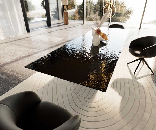 DELIFE Étkezőasztal Edge 300x100 domborított üveg füstfekete 3D design Spider laposacél fekete