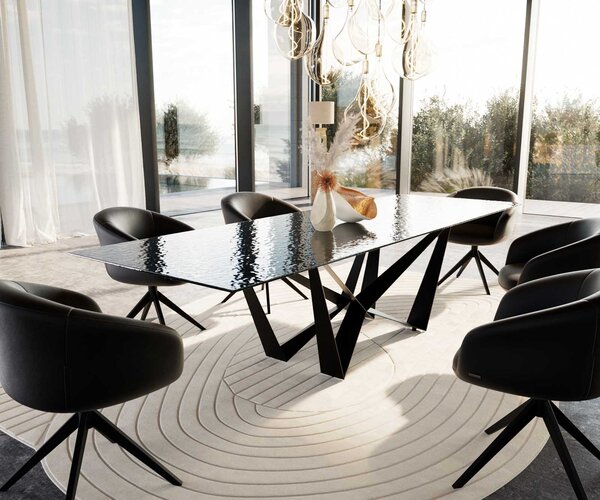 DELIFE Étkezőasztal Edge 300x100 domborított üveg füstfekete 3D design Spider laposacél fekete
