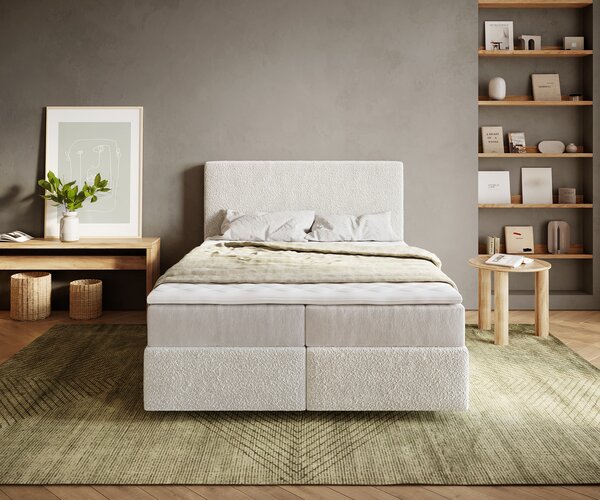 DELIFE Boxspring ágy Dream-Well 140x200 cm bouclé krémfehér zsákrugós matraccal és visco topperrel