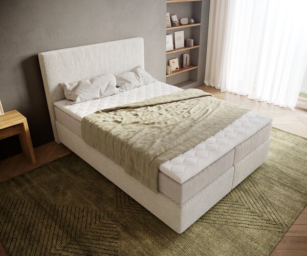 DELIFE Boxspring ágy Dream-Well 140x200 cm bouclé krémfehér zsákrugós matraccal és visco topperrel