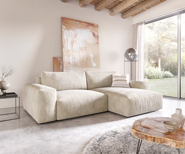 DELIFE Sarokkanapé Lanzo XL 270x180 cm kordbársony bézs változtatható rekamié