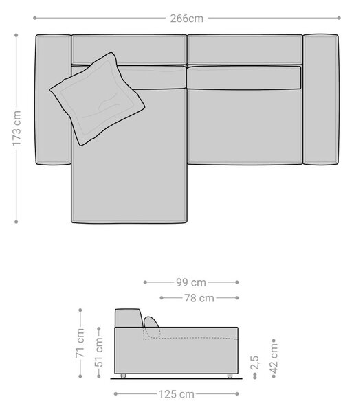 DELIFE Sarokkanapé Sirpio XL 270x170 cm kordbársony ezüstszürke rekamié változtatható