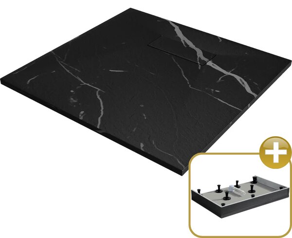 HD Marco Black Marble 90x90 SMC kompozit magasított szögletes kőhatású zuhanytálca, 12 cm magas, szifonnal