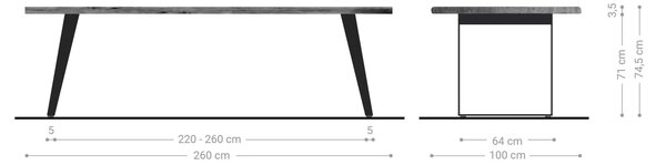 DELIFE Étkezőasztal Edge 260x100 cm akác természetes rozsdamentes acél ezüst ferde Live-Edge