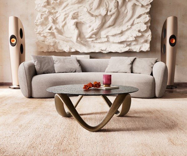 DELIFE Dohányzóasztal Tanju 90x90 cm metál arany domborított üveg taupe