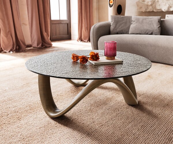 DELIFE Dohányzóasztal Tanju 90x90 cm metál arany domborított üveg taupe