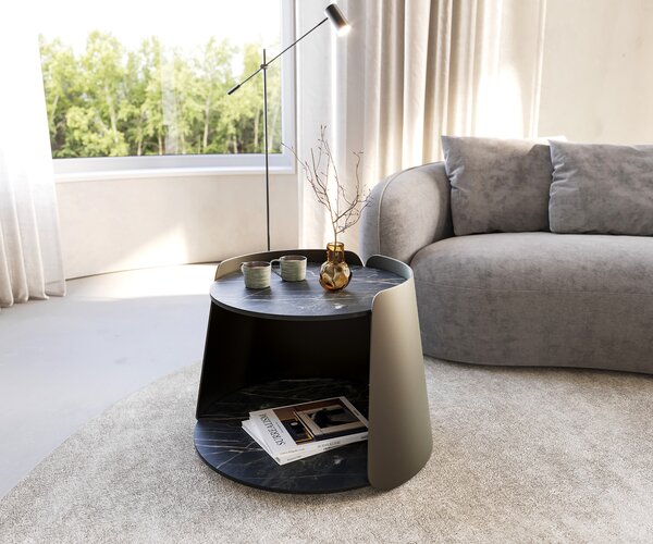 DELIFE Dohányzóasztal Daban 59x59 cm Laminam®Noir Desir kerámia barna fém láb titán színű