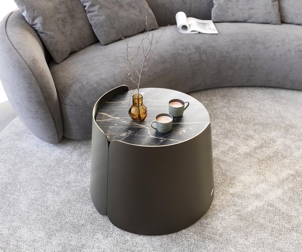 DELIFE Dohányzóasztal Daban 59x59 cm Laminam®Noir Desir kerámia barna fém láb titán színű