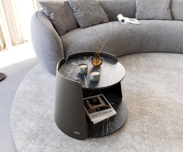 DELIFE Dohányzóasztal Daban 59x59 cm Laminam®Noir Desir kerámia barna fém láb titán színű