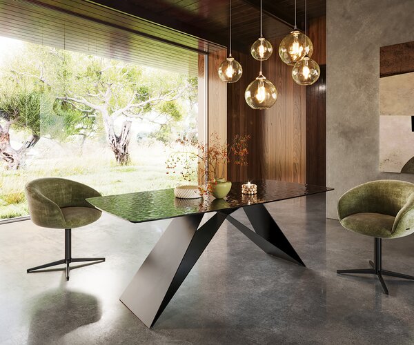 DELIFE Étkezőasztal Edge 200x100 hajóformájú domborított üveg füstfekete 3D design V alakú láb laposacél fekete