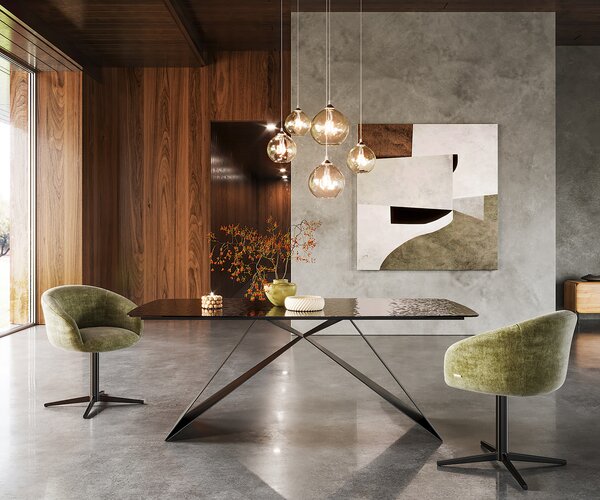DELIFE Étkezőasztal Edge 200x100 hajóformájú domborított üveg füstfekete 3D design V alakú láb laposacél fekete