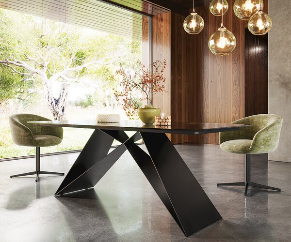 DELIFE Étkezőasztal Edge 200x100 hajóformájú domborított üveg füstfekete 3D design V alakú láb laposacél fekete