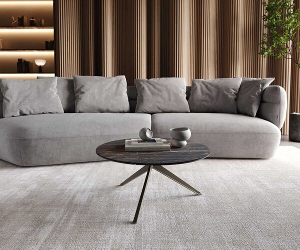 DELIFE Dohányzóasztal Delron 70x70 cm kerámia Laminam®Noir Desir barna kereszt láb lapos fém titán effekt felület