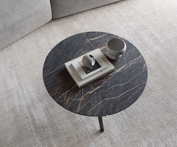 DELIFE Dohányzóasztal Delron 70x70 cm kerámia Laminam®Noir Desir barna kereszt láb lapos fém titán effekt felület
