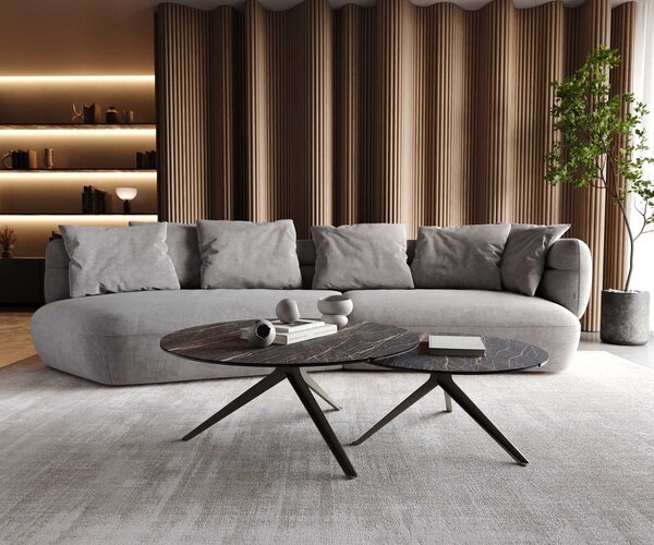 DELIFE Dohányzóasztal Delron 70x70 cm kerámia Laminam®Noir Desir barna kereszt láb lapos fém titán effekt felület