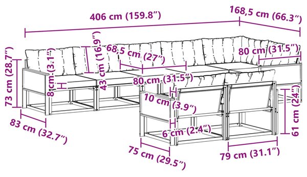 Kültéri kanapé szett párnával 8 pcs Természetes és Fekete