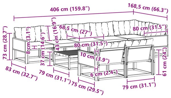 Kültéri kanapé szett párnával 9 pcs Természetes és bézs