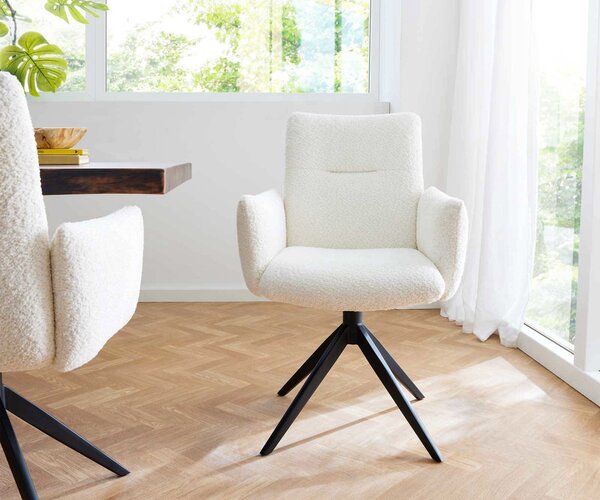 DELIFE Étkezőszék Jova-Flex karfás bouclé fehér kereszt láb széles fekete 360° forgatható zsákrugós