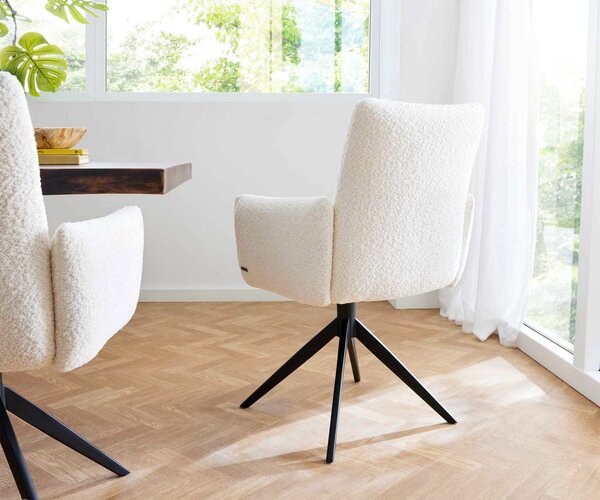 DELIFE Étkezőszék Jova-Flex karfás bouclé fehér kereszt láb széles fekete 360° forgatható zsákrugós