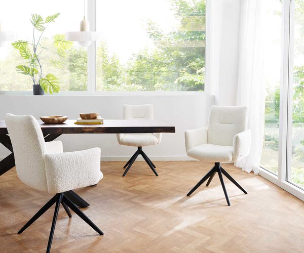 DELIFE Étkezőszék Jova-Flex karfás bouclé fehér kereszt láb széles fekete 360° forgatható zsákrugós