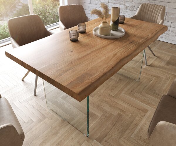 DELIFE Étkezőasztal Edge 160x90 XL akác természetes üveg Live-Edge