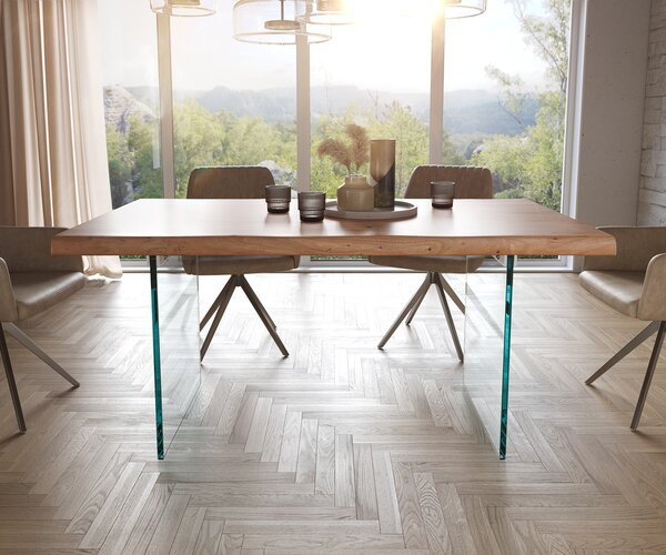 DELIFE Étkezőasztal Edge 160x90 XL akác természetes üveg Live-Edge