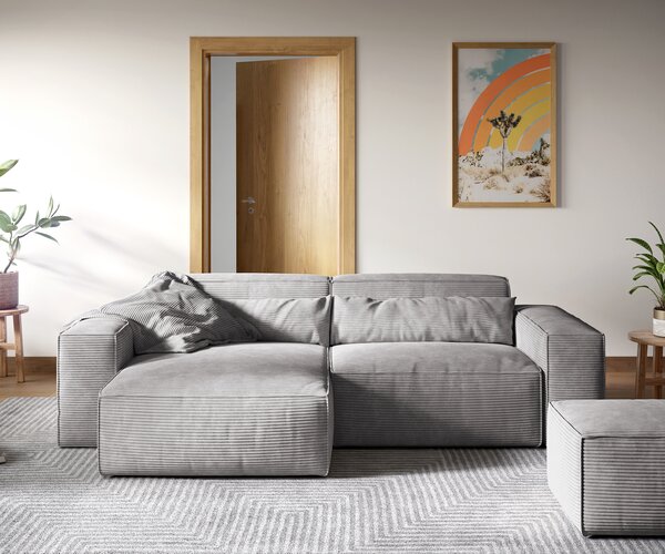 DELIFE Sarokkanapé Sirpio XL 270x170 cm kordbársony ezüstszürke rekamié változtatható puffal