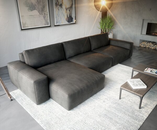 DELIFE Sarokkanapé Lanzo XL 380x180 cm bőr imitáció vintage antracit variálható rekamié
