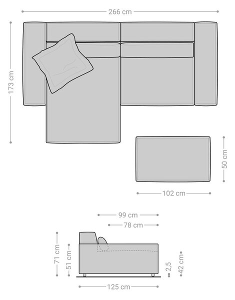 DELIFE Sarokkanapé Sirpio XL 270x170 cm kordbársony ezüstszürke rekamié változtatható puffal