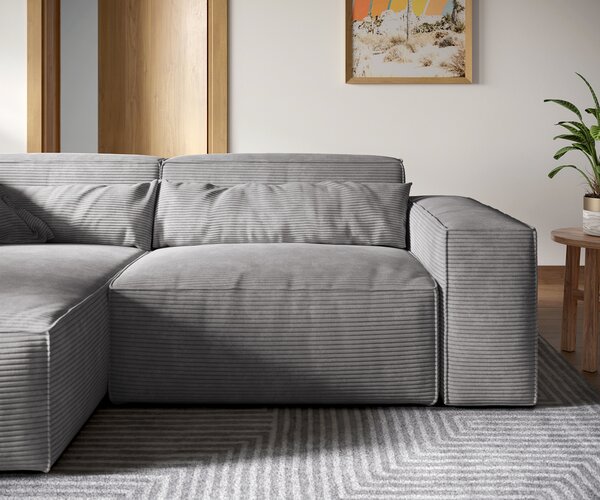 DELIFE Sarokkanapé Sirpio XL 270x170 cm kordbársony ezüstszürke rekamié változtatható puffal