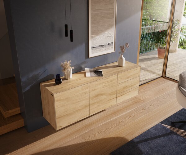 DELIFE Komód Cuor 180 cm Laminam® Sabbia kerámia tölgyszínű 2 ajtós 3 fiókos lebegő