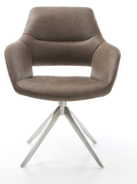 DELIFE Étkezőszék Yago-Flex karfás mikroszálas taupe vintage széles rozsdamentes acél kereszt láb 360° forgatható hintamechanizmus zsákrugós matrac