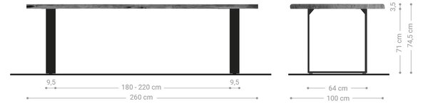 DELIFE Étkezőasztal Edge 260x100 akác természetes rozsdamentes acél keskeny Live-Edge