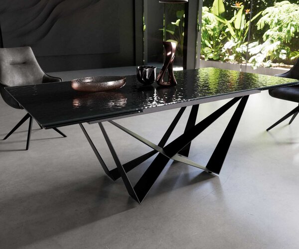 DELIFE Étkezőasztal Edge 200-300x100 domborított üveg füstfekete 3D design Spider laposacél fekete kihúzható