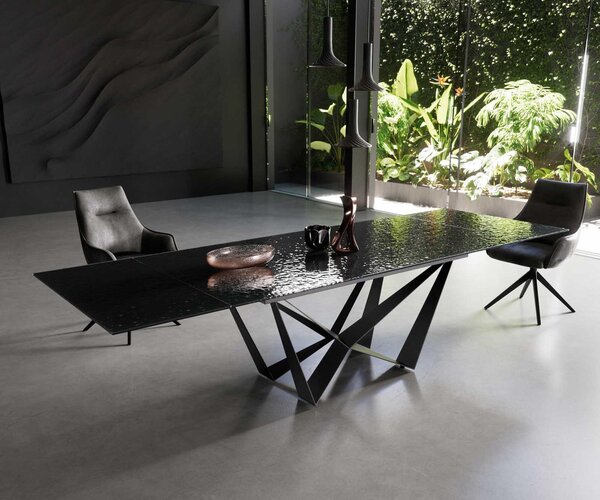 DELIFE Étkezőasztal Edge 200-300x100 domborított üveg füstfekete 3D design Spider laposacél fekete kihúzható