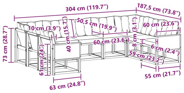 Kültéri kanapé szett párnával 9 pcs Természetes és krémszínű