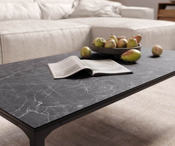 DELIFE Dohányzóasztal Levente 110x60 cm Laminam® kerámia Nero Greco antracit fém láb fekete