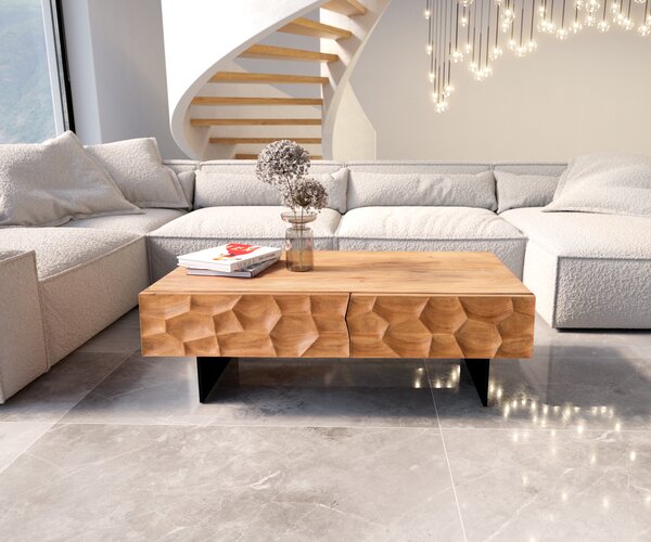 DELIFE Dohányzóasztal Solu 120x70 cm akác természetes 4 fiók lebegő fém láb fekete 3D előlap