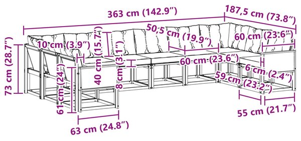 Kültéri kanapé szett párnával 10 pcs Természetes és Fekete
